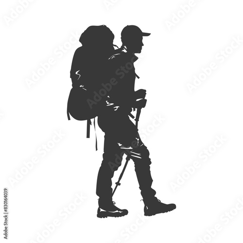 silhouette backpacker man in action full body black color only