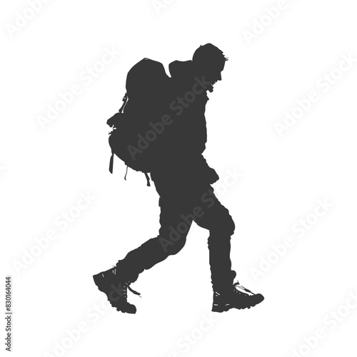 silhouette backpacker man in action full body black color only