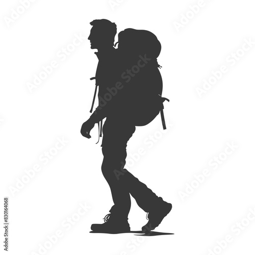 silhouette backpacker man in action full body black color only