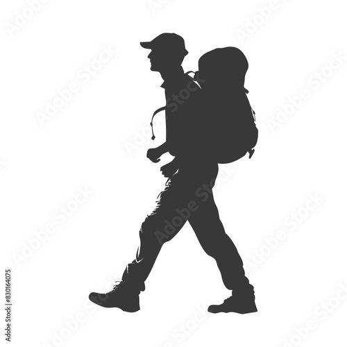 silhouette backpacker man in action full body black color only