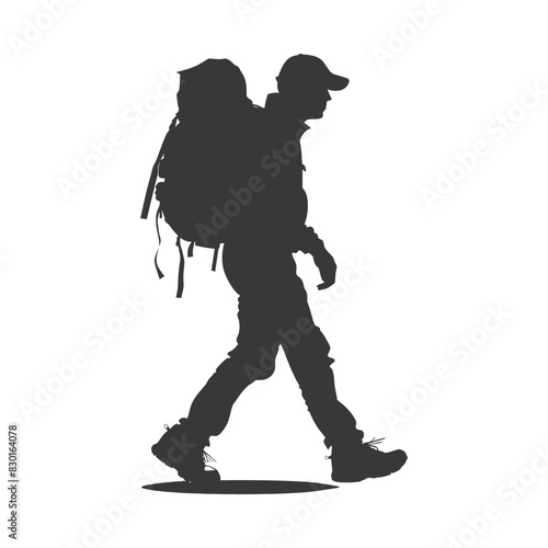 silhouette backpacker man in action full body black color only