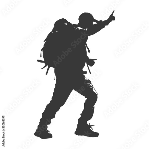 silhouette backpacker man in action full body black color only