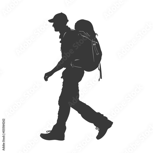 silhouette backpacker man in action full body black color only