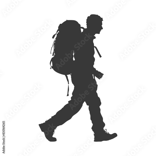 silhouette backpacker man in action full body black color only