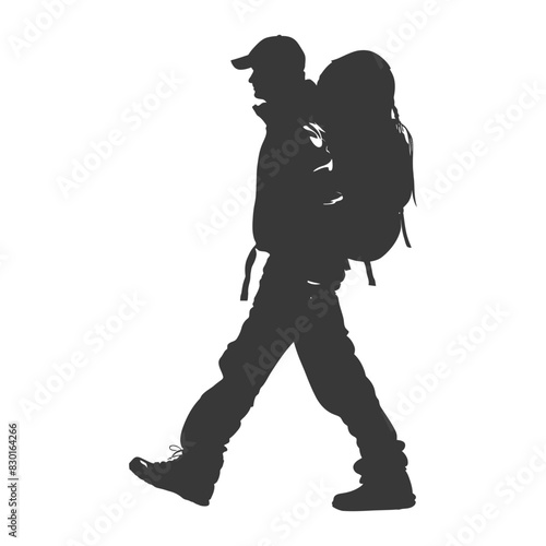 silhouette backpacker man in action full body black color only