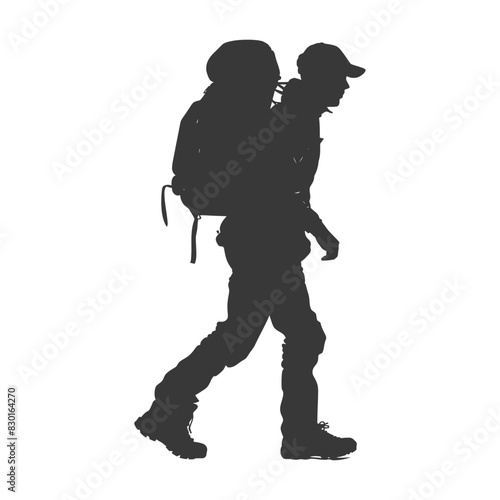silhouette backpacker man in action full body black color only