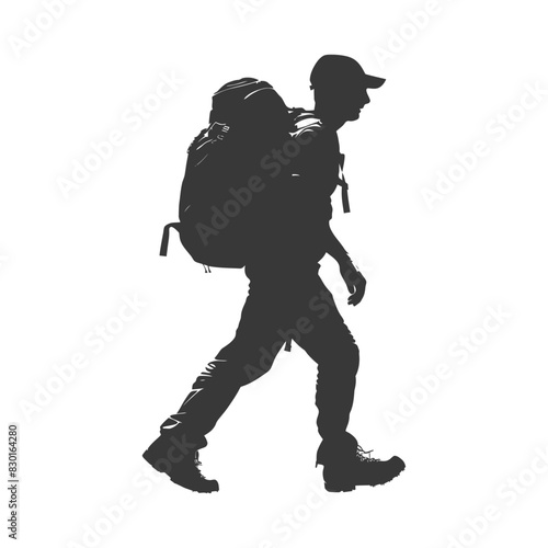 silhouette backpacker man in action full body black color only