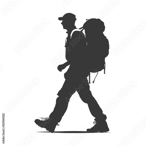 silhouette backpacker man in action full body black color only