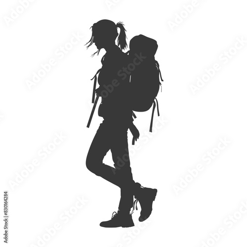 silhouette backpacker woman in action full body black color only