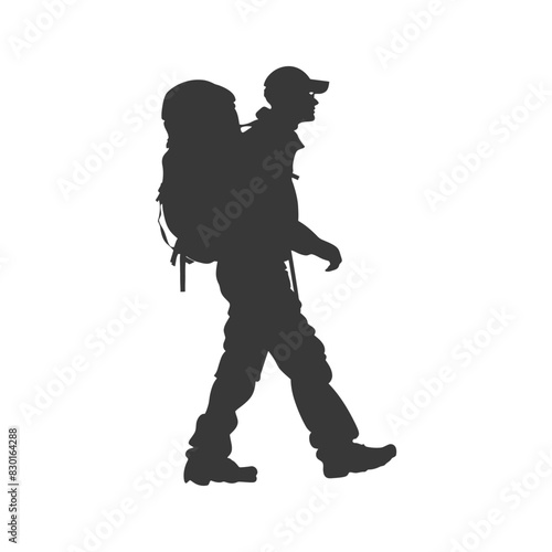 silhouette backpacker man in action full body black color only