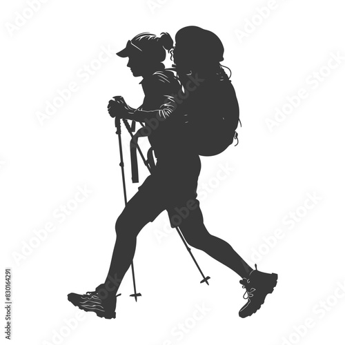 silhouette backpacker woman in action full body black color only