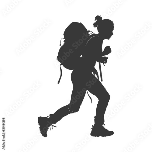 silhouette backpacker woman in action full body black color only