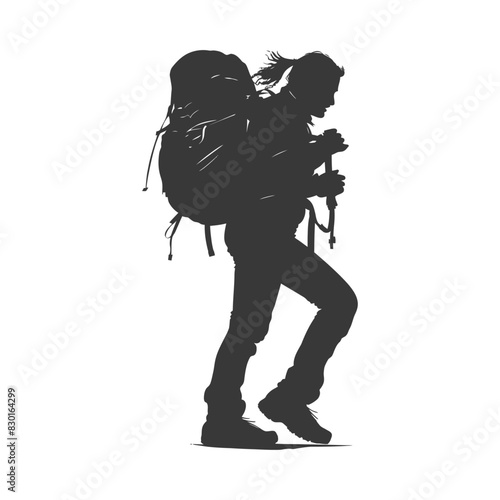 silhouette backpacker woman in action full body black color only
