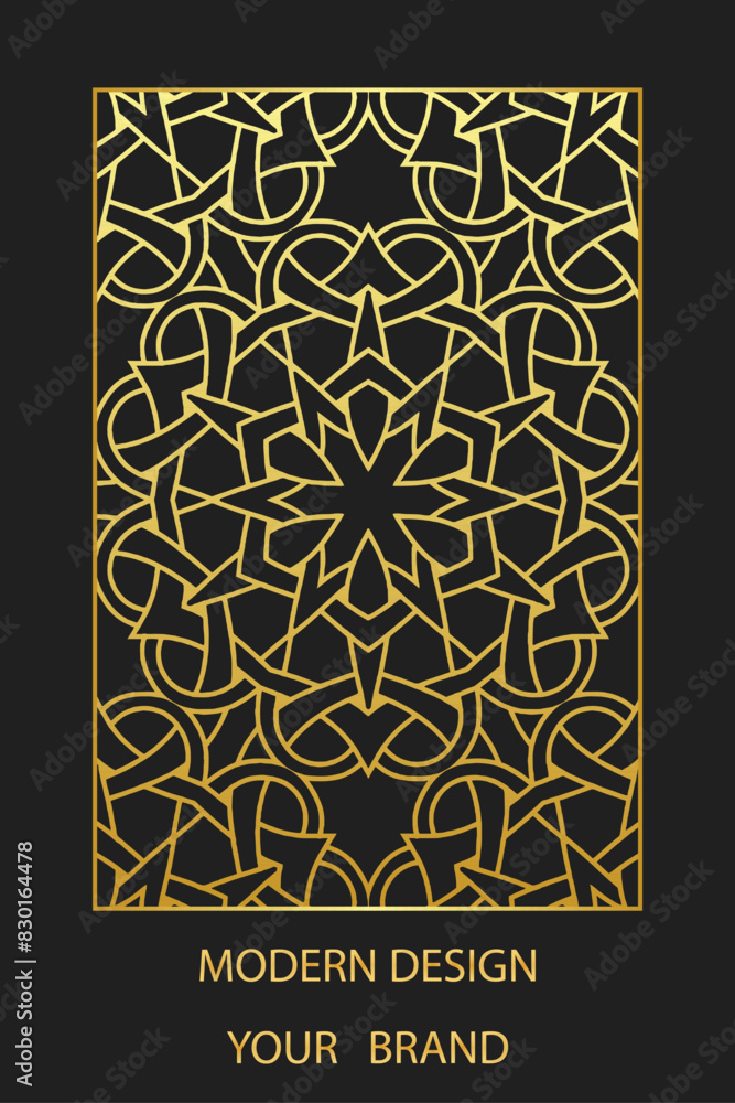 Book cover design, vertical template, black background with geometric ethnic gold pattern, stained glass in frame. Place for text. Abstract ornaments of the East, Asia, India, Mexico, Aztec, Peru.