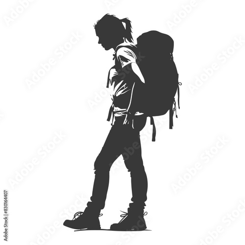 silhouette backpacker woman in action full body black color only