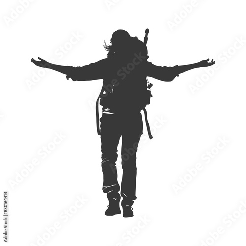 silhouette backpacker woman in action full body black color only