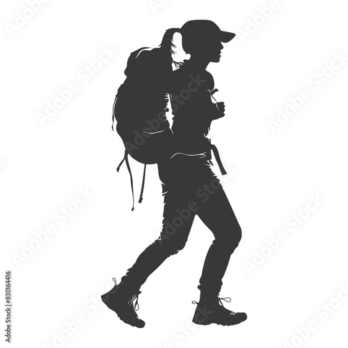 silhouette backpacker woman in action full body black color only