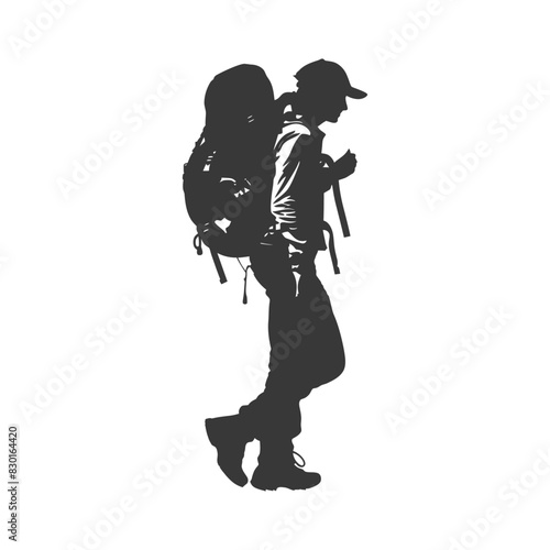 silhouette backpacker woman in action full body black color only