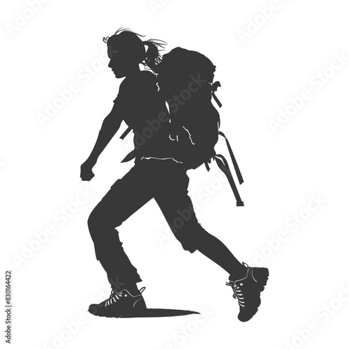 silhouette backpacker woman in action full body black color only