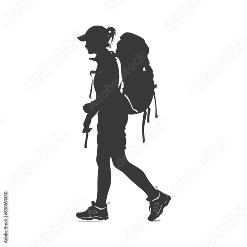 silhouette backpacker woman in action full body black color only