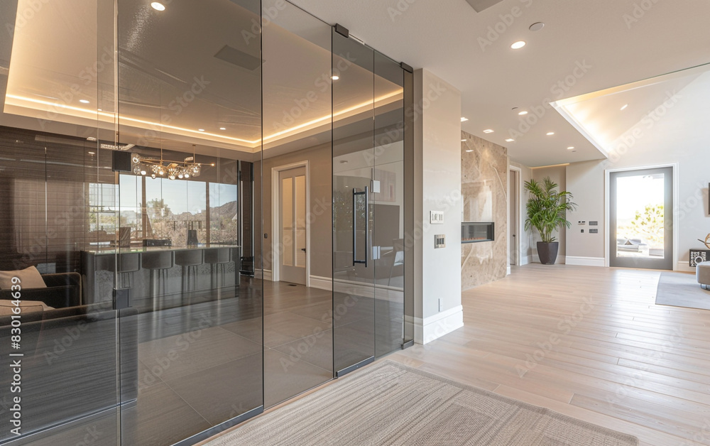 Full-height glass door with a seamless design, featuring subtle tinted glass for privacy and elegance. Full-height glass door with a seamless design, featuring subtle tinted glass for privacy and elegance.