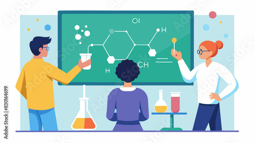 A whiteboard at the front of the lab displays a complex chemical equation with students eagerly trying to solve it using their newfound knowledge.. Vector illustration