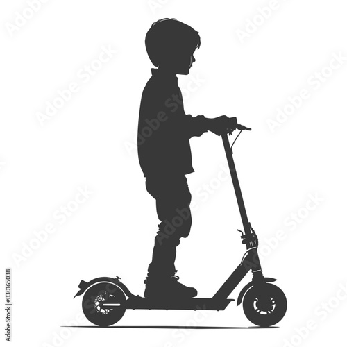 silhouette boy riding electric scooter full body black color only