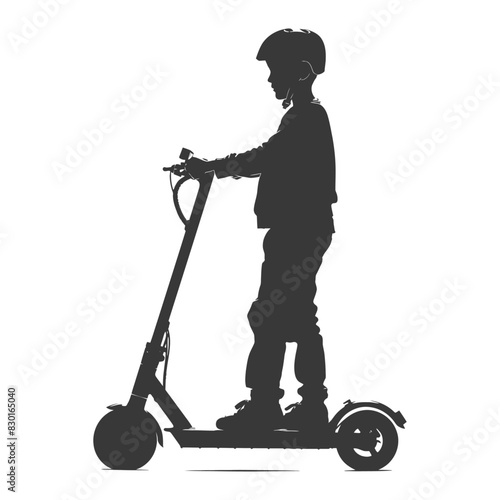 silhouette boy riding electric scooter full body black color only