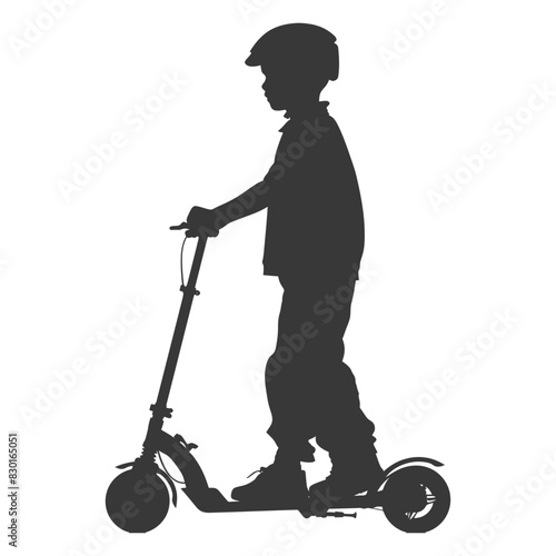 silhouette boy riding electric scooter full body black color only