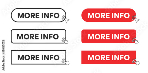 More Info Web Button in Red Rectangle and outline style. Computer mouse click cursor or arrow pointer symbol
