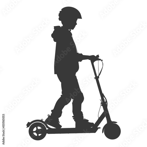 silhouette boy riding electric scooter full body black color only