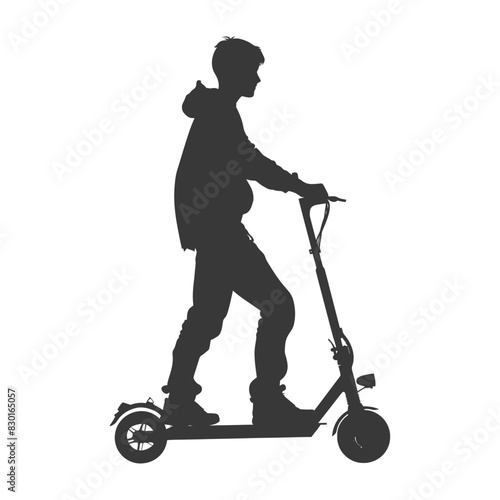 silhouette boy riding electric scooter full body black color only