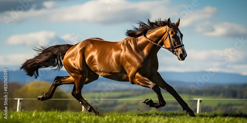 Racehorse Galloping on Grass Track: Muscles Taut, Mane Flowing, Jockey in Silks. Concept Horse Racing, Galloping, Grass Track, Jockey, Silks