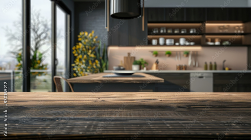 Modern kitchen blends rustic wood elements with a sleek design with serene natural landscapes. Modern kitchen blends rustic wood elements with a sleek design with serene natural landscapes.