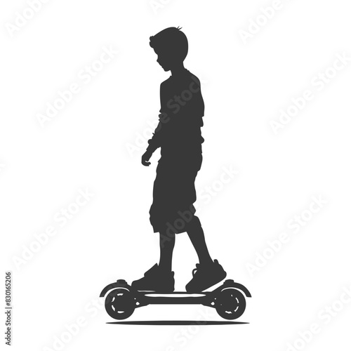 silhouette boy riding hoverboard full body black color only