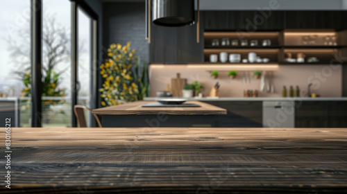 Modern kitchen blends rustic wood elements with a sleek design with serene natural landscapes.