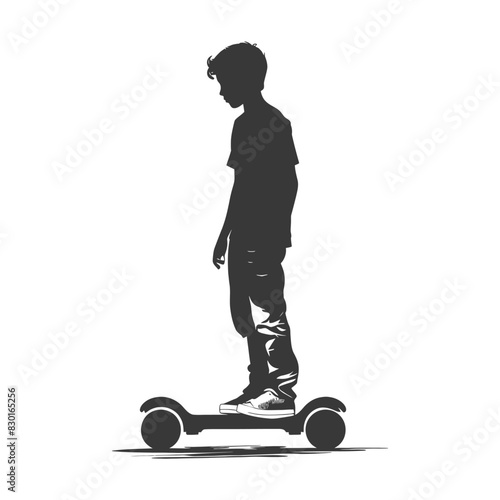 silhouette boy riding hoverboard full body black color only