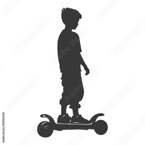 silhouette boy riding hoverboard full body black color only