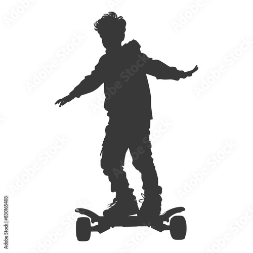 silhouette boy riding hoverboard full body black color only