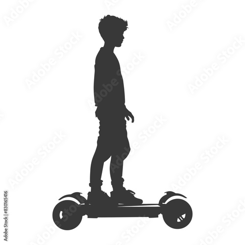 silhouette boy riding hoverboard full body black color only