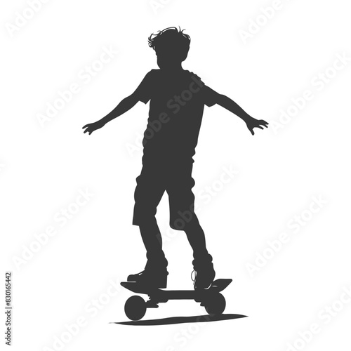 silhouette boy riding hoverboard full body black color only