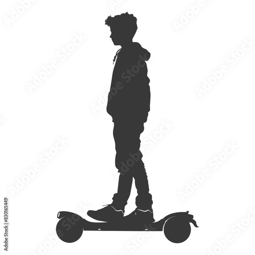 silhouette boy riding hoverboard full body black color only
