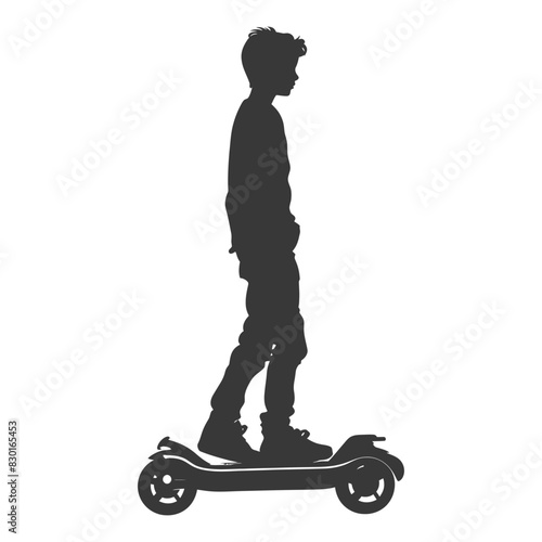 silhouette boy riding hoverboard full body black color only
