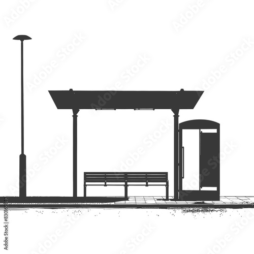 Monochrome Bus Stop Silhouette: Modern Shelter, Bench, and Lamp Post.