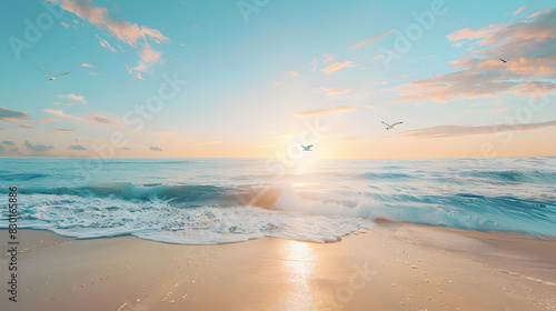 Golden Sunset Over Serene Sandy Beach with Calm Azure Ocean and Flying Seagulls in Tranquil Coastal Landscape © Vincent