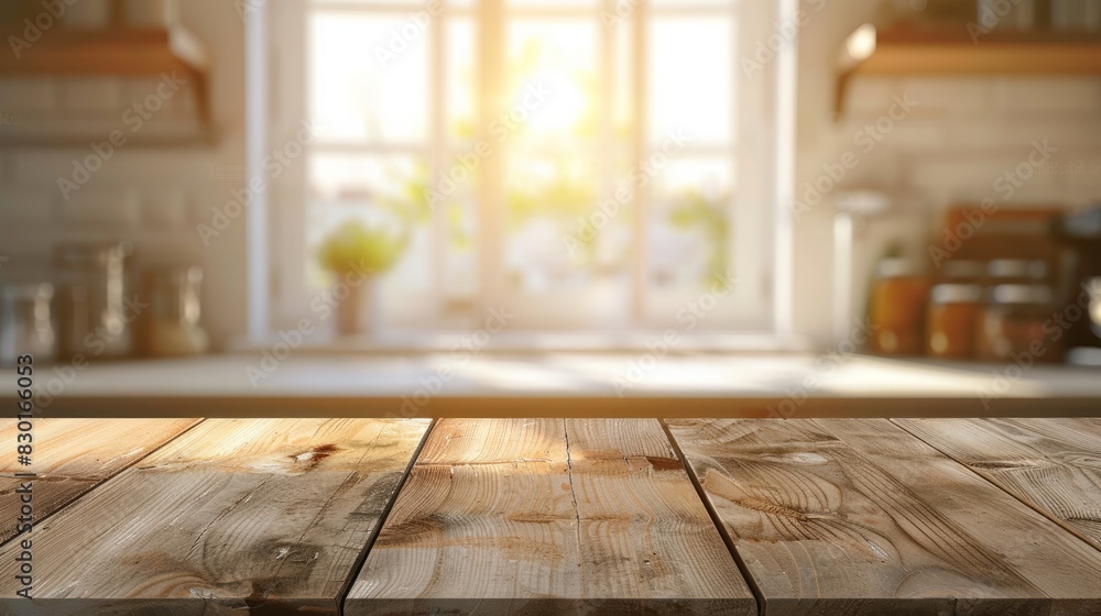 Wooden table top with copy space for product advertising over blurred white kitchen background at home with window and golden sunlight