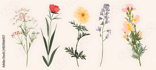 Various colorful flowers grouped together against a plain white background
