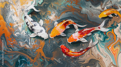 Obraz na płótnie Abstract fluid expression koi fish swimming in water, Asian feng shui illustration, Aesthetics colorful nature inspirational tenderness illustration, oil paint, Wall decoration photo, Generated AI. w salonie