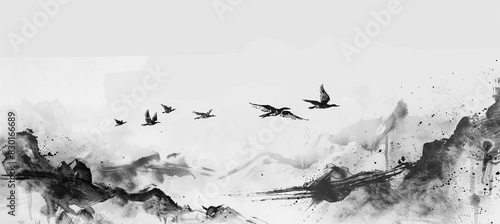 Black and white ink painting, several birds flying in the sky, in the style of Chinese artists, simple background.