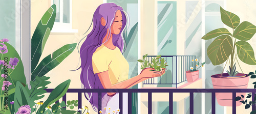 Woman with purple hair holding plant